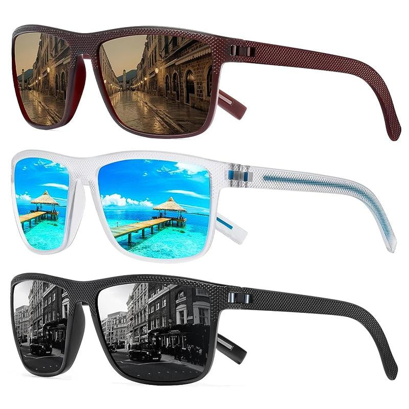 TURBOPEP Full Options 3 Pairs HD Polarized Sunglasses 3 Pairs Unisex Square Frame UV Protection Lightweight Travel Accessories with Adjustable Hinges & Anti-Slip Nosepiece Fashionable,Valentine Gifts