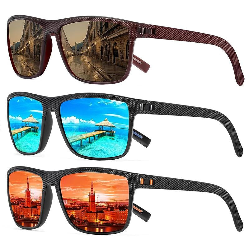 TURBOPEP Full Options 3 Pairs HD Polarized Sunglasses 3 Pairs Unisex Square Frame UV Protection Lightweight Travel Accessories with Adjustable Hinges & Anti-Slip Nosepiece Fashionable,Valentine Gifts