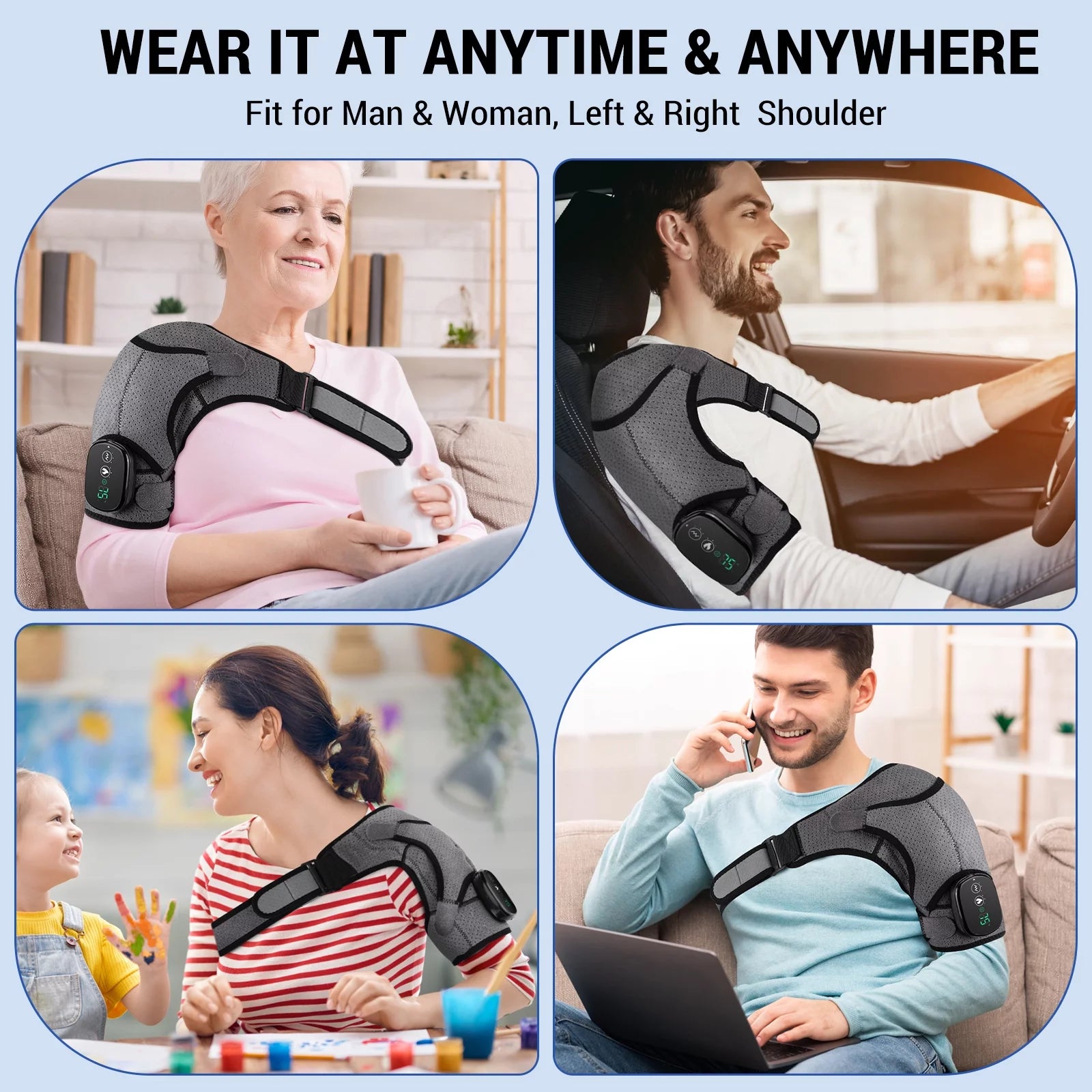 Heated Shoulder Brace, Shoulder Heating Pad with Massage, Electric Cordless Heated Shoulder Wrap with 3 Heating & Vibration Levels, Vibration Heated Shoulder Massager for Men Women Relaxation